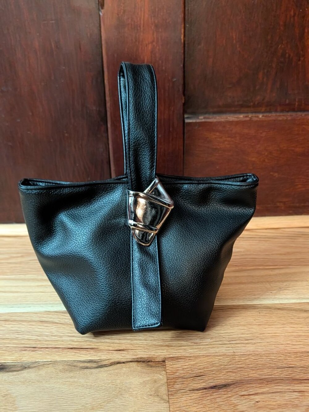 Merit x Brandon Maxwell Black Faux Leather Mini Bucket Bag Silver Knot Handbag